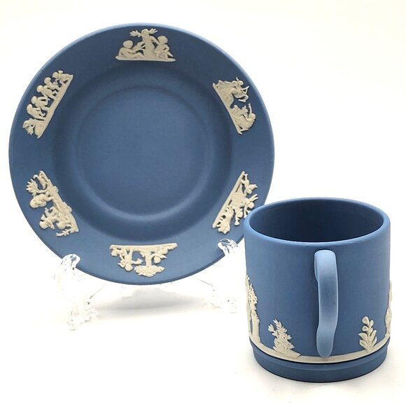 WEDGWOOD Vintage Blue Jasperware Tea Cup and Saucer Neoclassical Demitasse - Picture 5 of 10